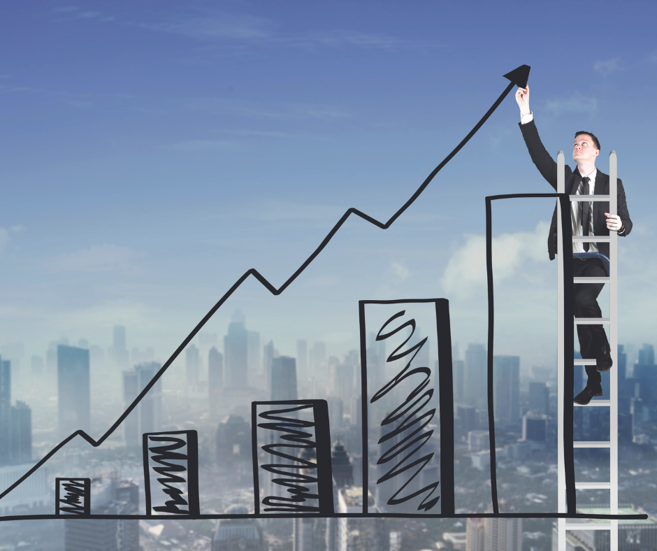 A man on a ladder drawing infront of a big city, a graph indicating the increase of rates.