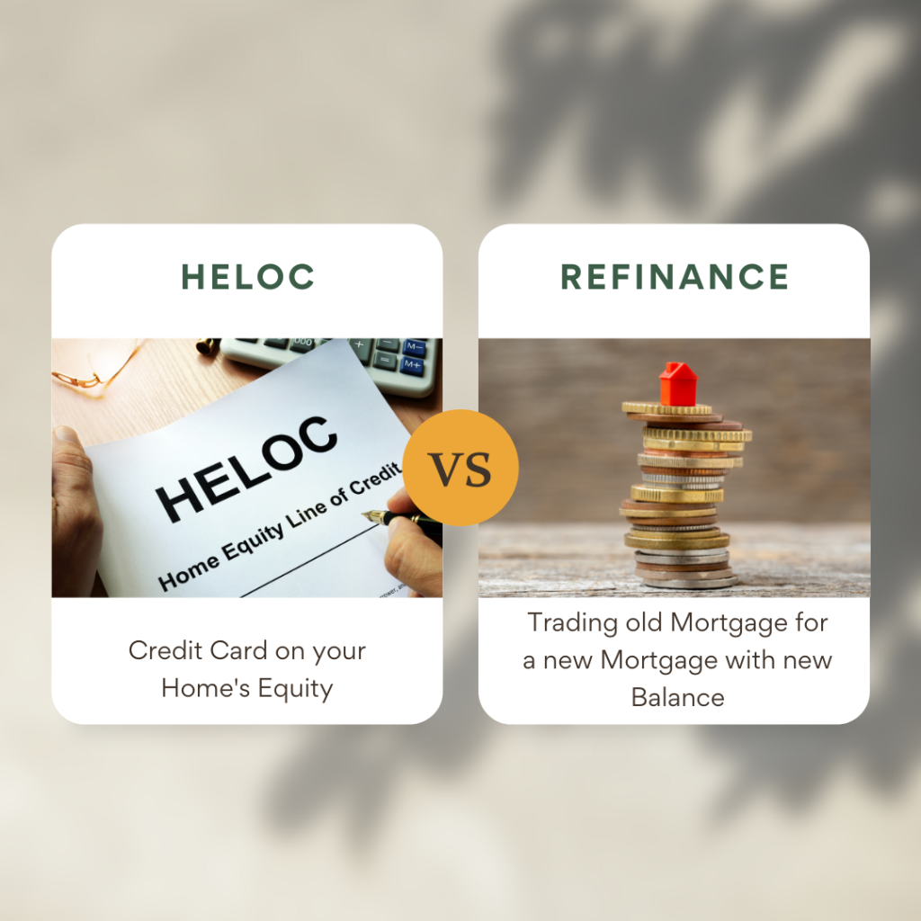A heloc is a credit card on your home's equity while a refinance is essentially trading your old mortgage for a new mortgage with a new balance.