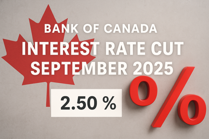 Graphic showing Bank of Canada interest rate cut in September 2025 to 2.50%, with a red maple leaf, bold white text, and a large red percentage symbol.