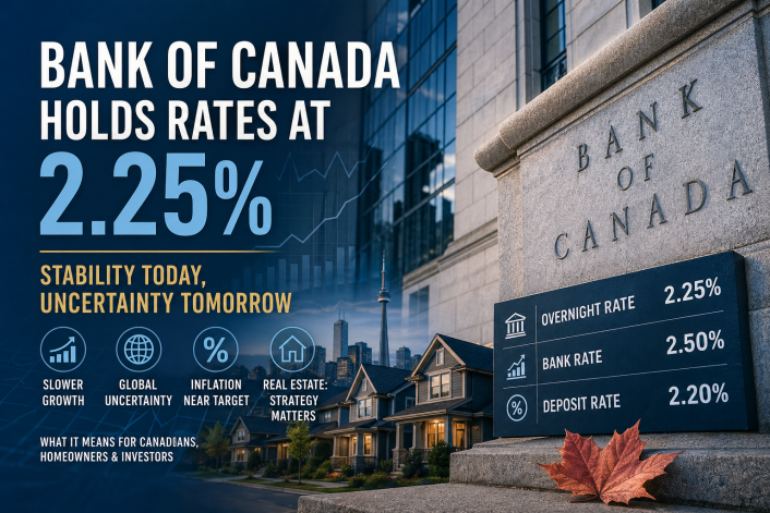 Bank of Canada building with a bold headline “Bank of Canada Holds Rates at 2.25%.” The image includes a modern city skyline with residential homes in the foreground, subtle financial charts, and icons representing slower growth, global uncertainty, inflation near target, and real estate strategy. A side panel lists key rates: overnight rate 2.25%, bank rate 2.50%, and deposit rate 2.20%, reinforcing the theme of economic stability with underlying uncertainty.